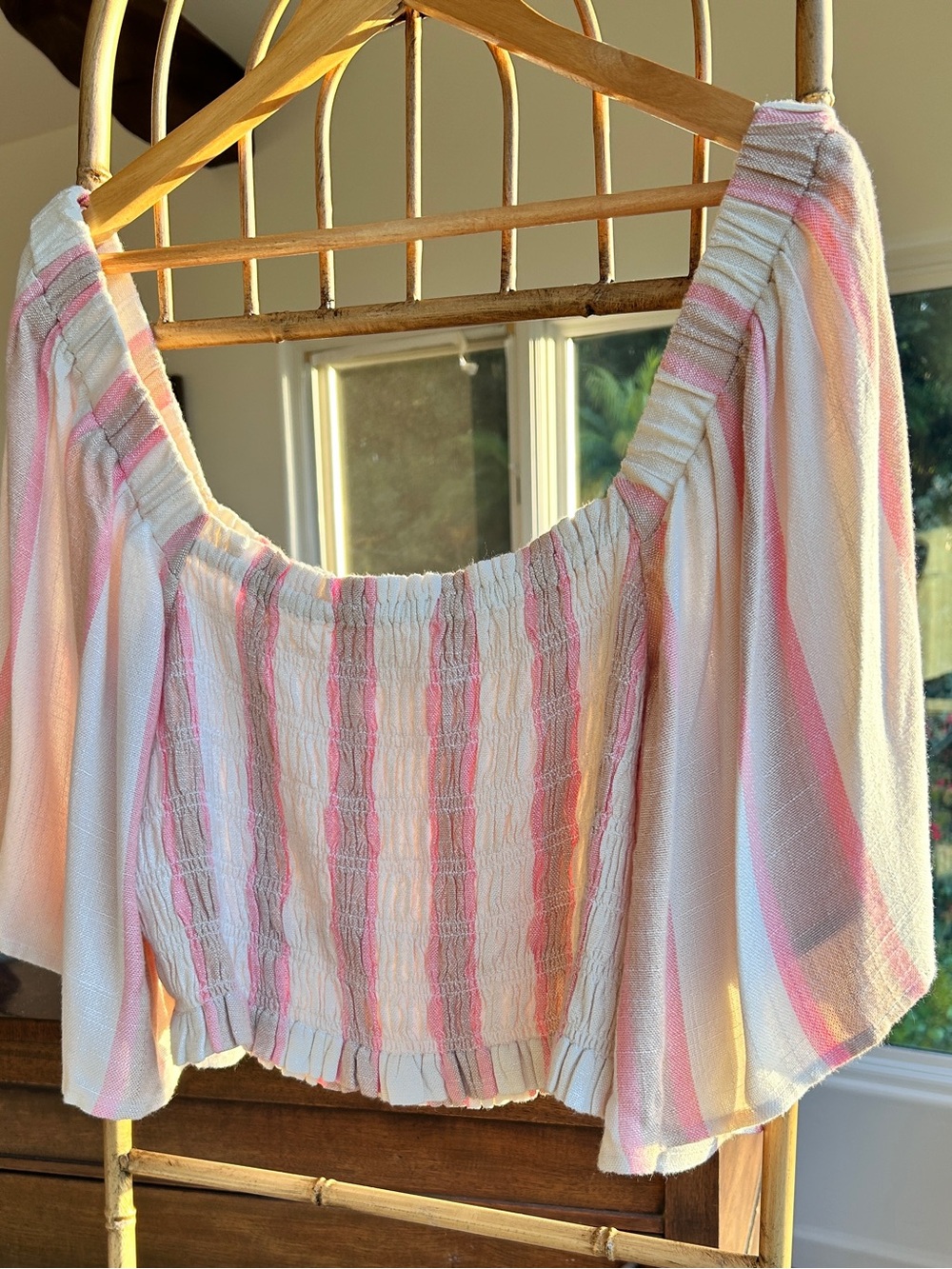Rip Curl Pink & Cream Striped Off-Shoulder Smocked Crop Top size XL Size - Picture 5 of 10